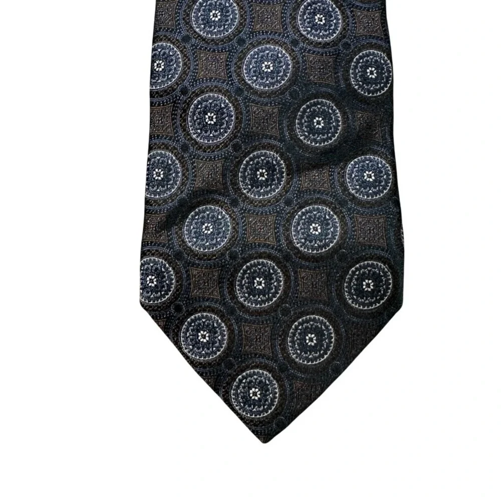 Jos A Bank Signature Collection Silk Tie Navy Blue Brown Geometric Medallion